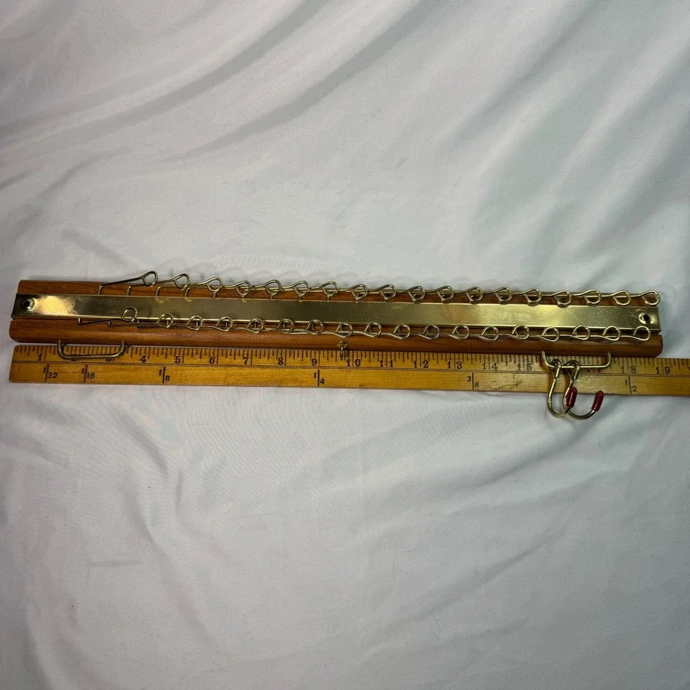 Vintage Wooden Wall Mount Tie Rack Brass Tone 24 Hook Closet Organizer Brown